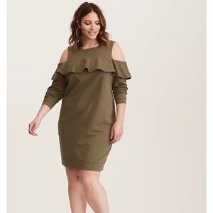 Olive Green Ruffled Knit Sweatshirt Dress